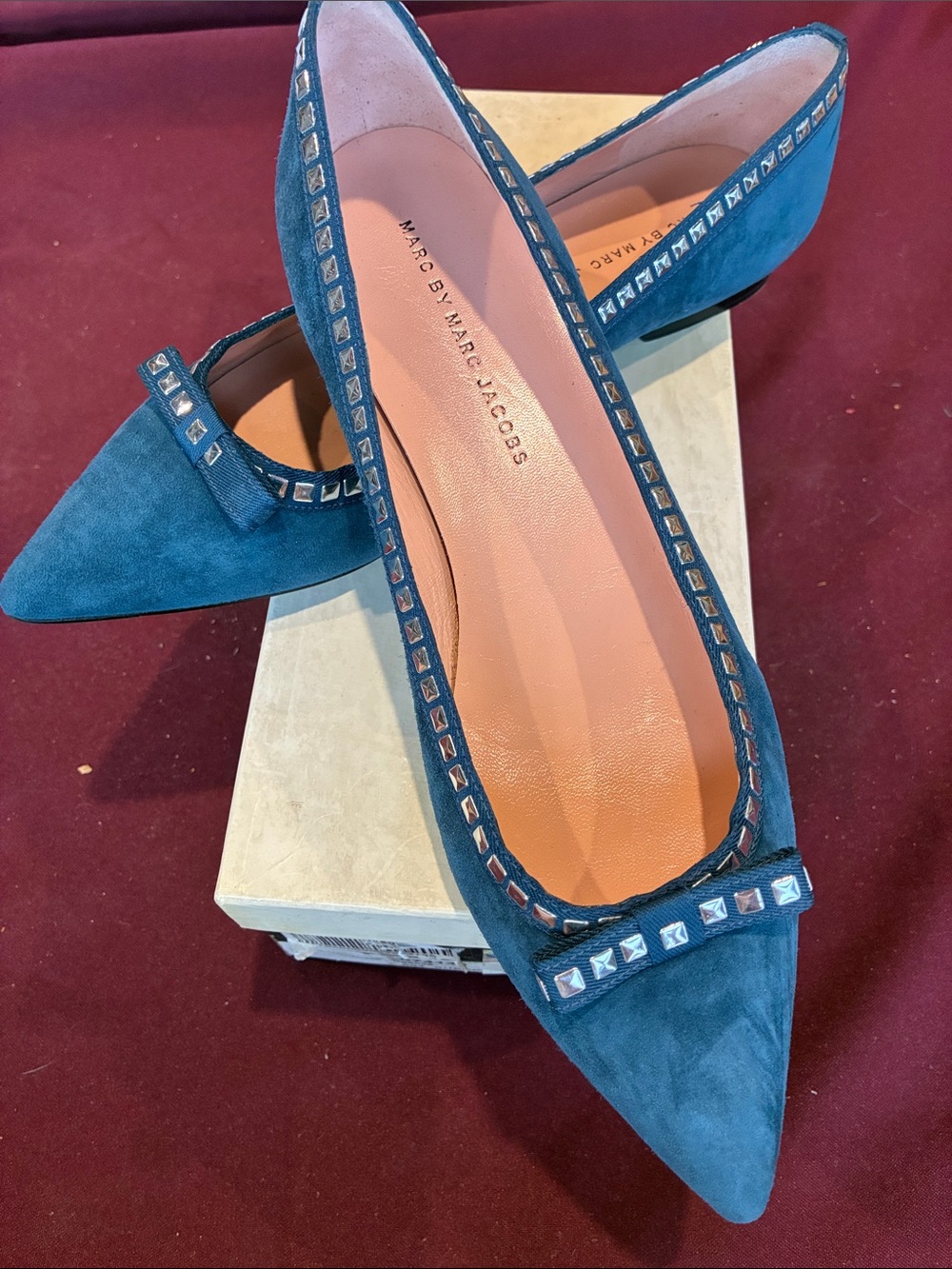Marc by Marc Jacobs Teal Suede Pointed Flats with Stud Trim